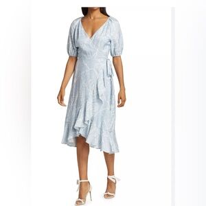 Marchesa Notte Short Puff-Sleeve V-Neck Linen Wrap Dress Dress Size 6